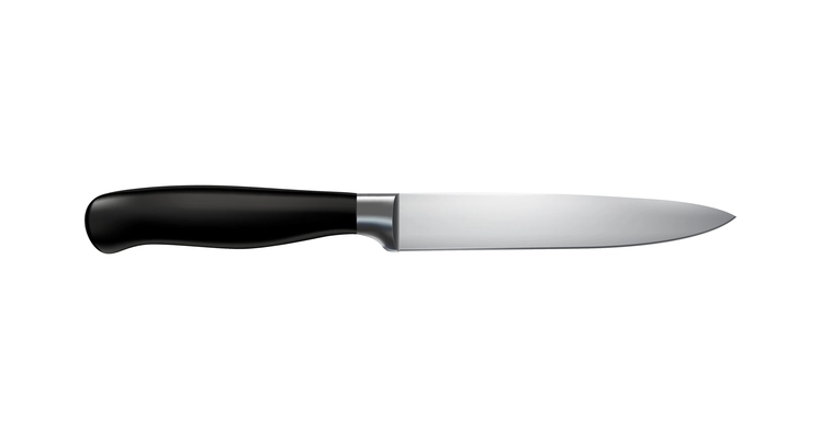 Stainless steel paring knife with black handle realistic vector illustration