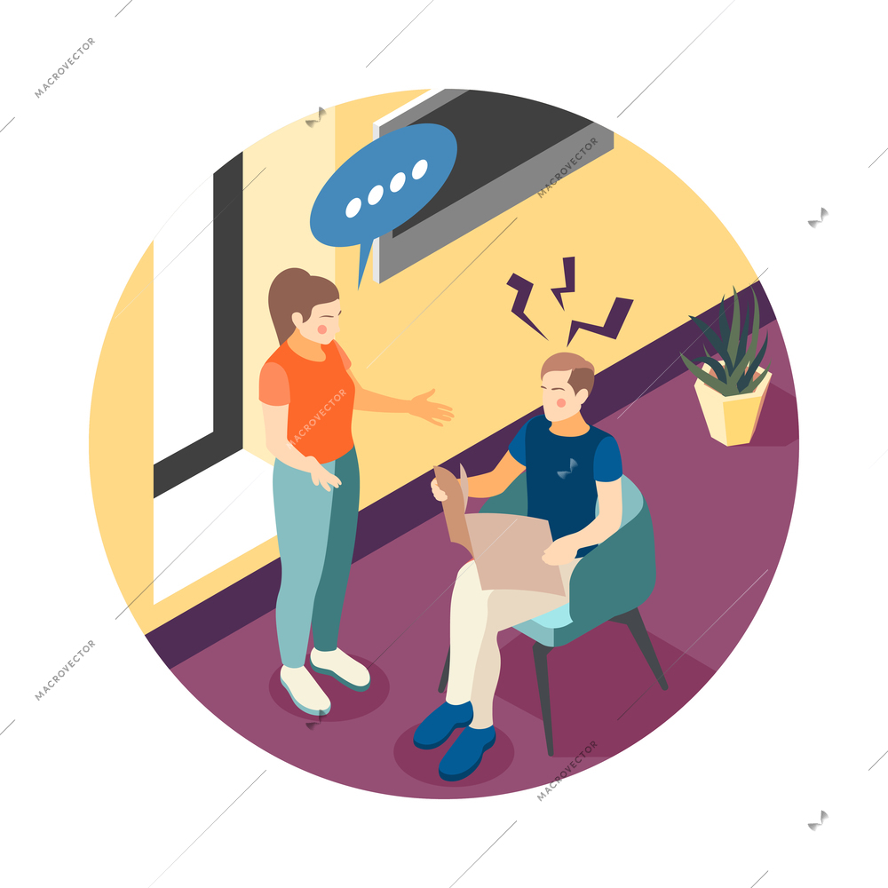 Family relations isometric composition with irritated man and talking woman 3d vector illustration