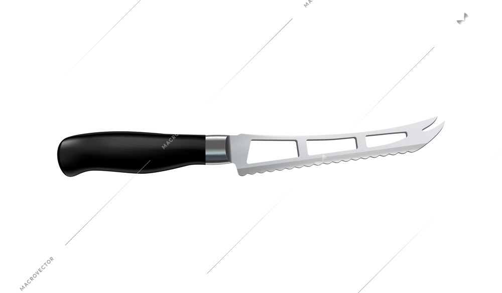 Cheese knife with black handle on white background realistic vector illustration