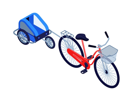 Red bicycle with basket and blue trailer for children or pets isometric vector illustration