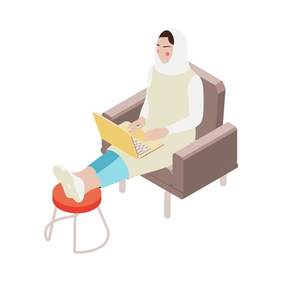 Modern saudi arabian woman in hijab working on laptop at home 3d isometric icon vector illustration