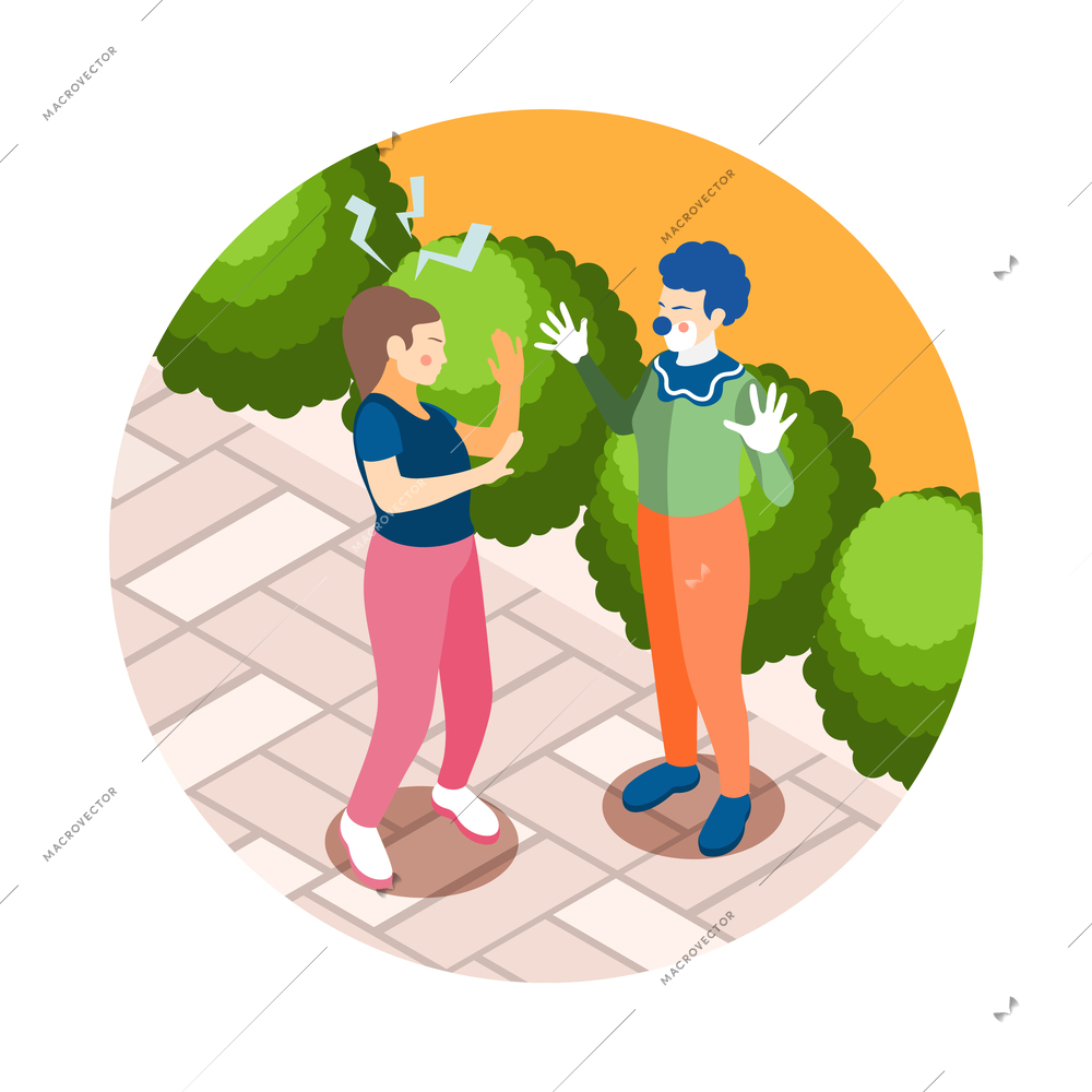 Isometric composition with woman frightened by clown 3d vector illustration