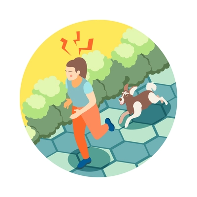 Frightened woman being chased by angry dog isometric round composition 3d vector illustration