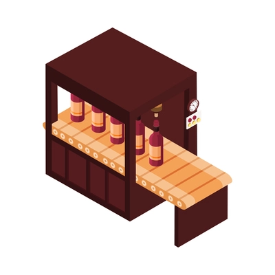 Wine production isometric icon with bottles on conveyor line 3d vector illustration