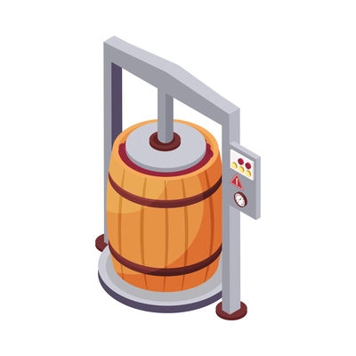 Wine production isometric icon with grapes in wooden barrel under press 3d vector illustration