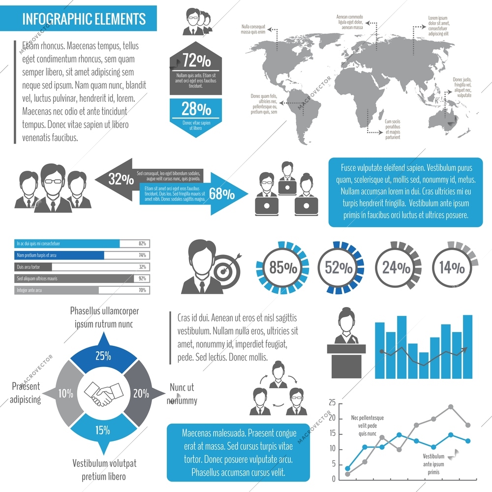 Teamwork business meeting global networking effective management infographic elements vector illustration