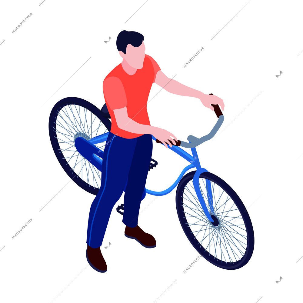 Man standing with blue bike isometric icon on white background vector illustration