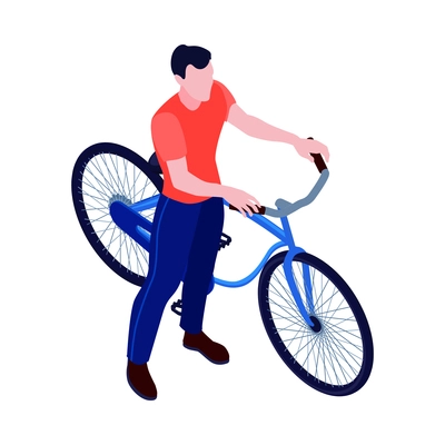 Man standing with blue bike isometric icon on white background vector illustration