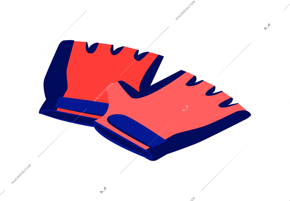 Isometric icon with pair of blue and red sport bicycle gloves vector illustration
