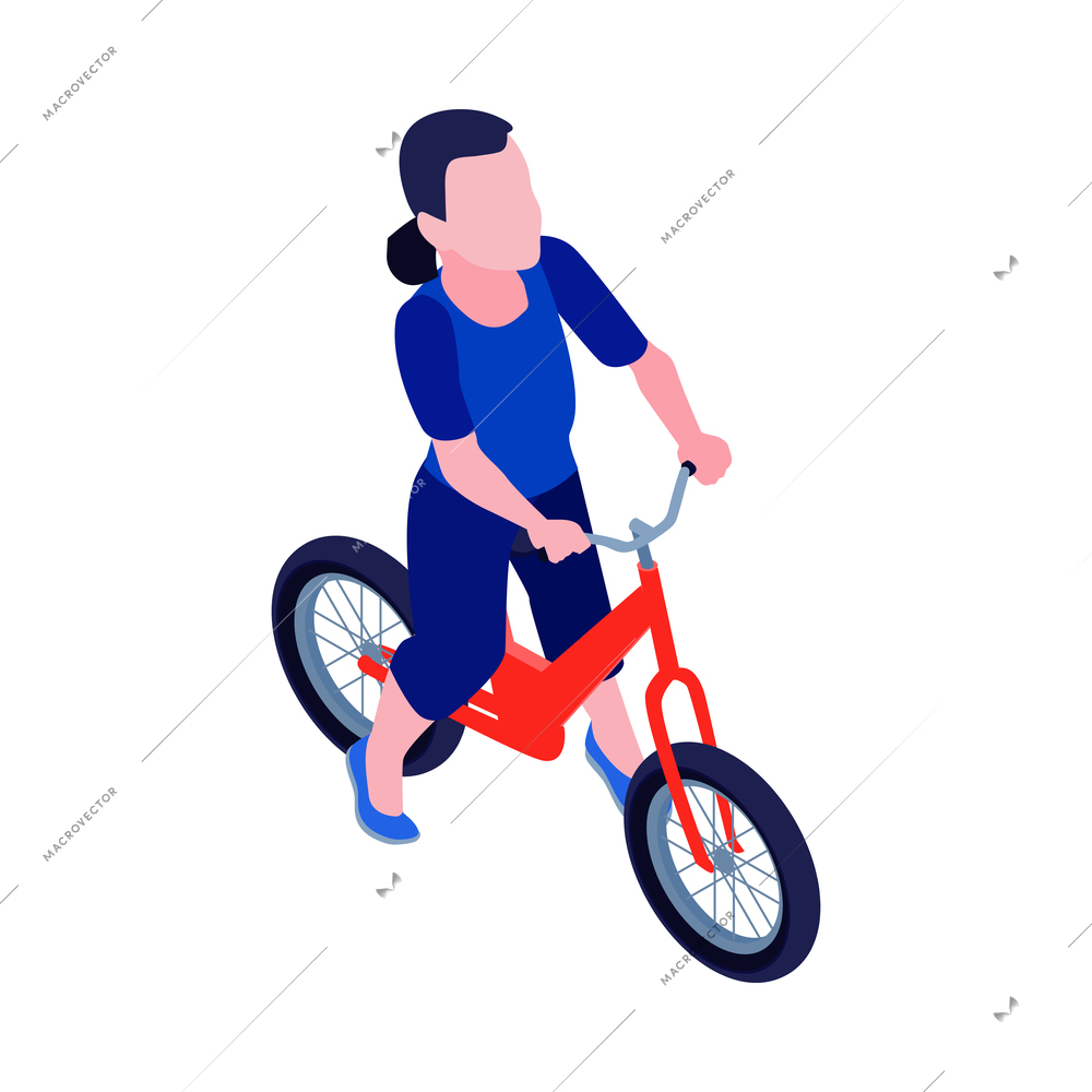 Girl riding red bicycle isometric icon on white background vector illustration