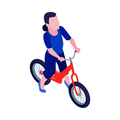 Girl riding red bicycle isometric icon on white background vector illustration