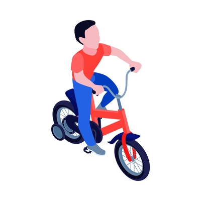 Boy riding red child bike with four wheels isometric vector illustration