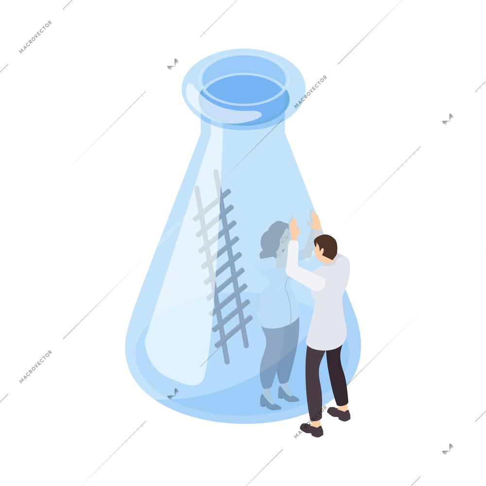 Science isometric icon with glass flask and male character of scientist 3d vector illustration