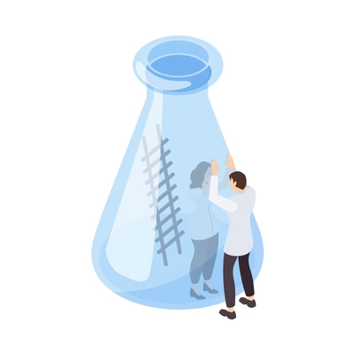 Science isometric icon with glass flask and male character of scientist 3d vector illustration