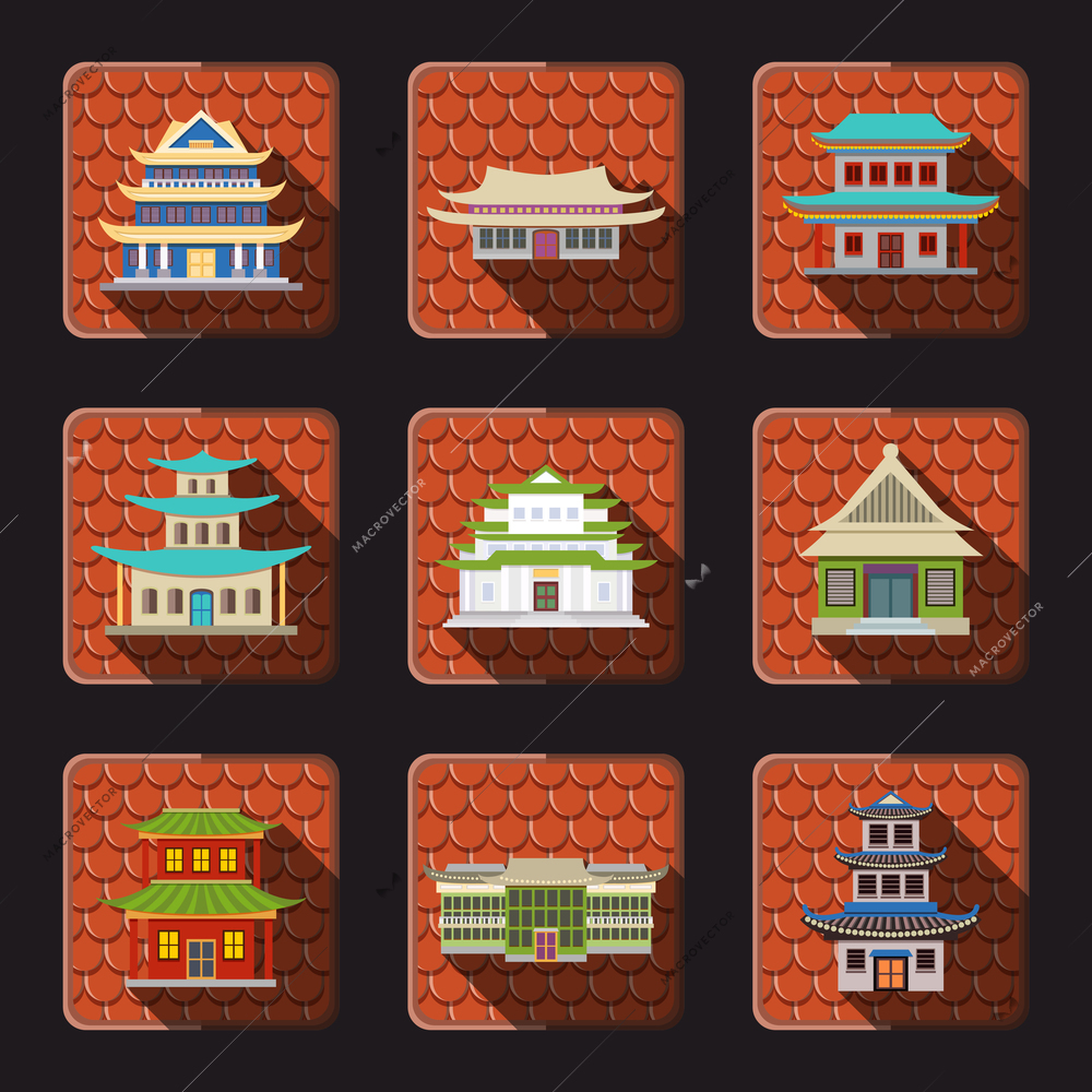 Chinese house traditional wooden oriental buildings icons set with tile background isolated vector illustration