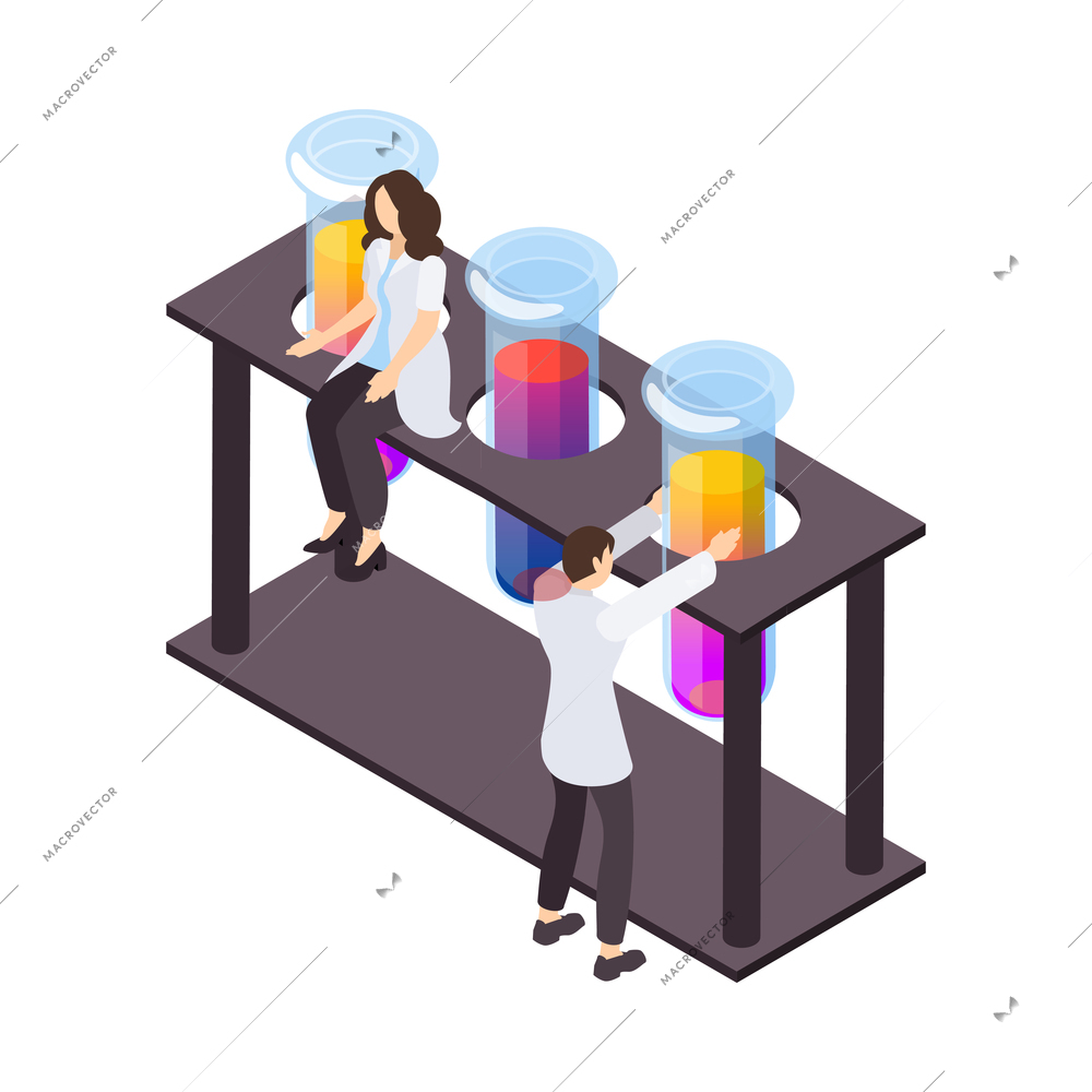 Science isometric icon with two characters of scientists and chemical laboratory test tubes in holder vector illustration