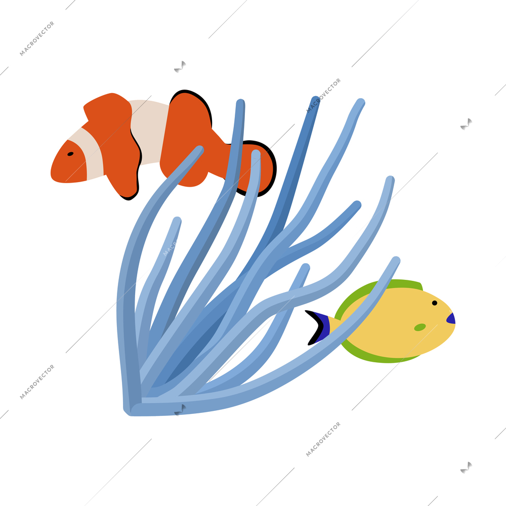 Flat clown and yellow fishes swimming around seaweed on white background vector illustration