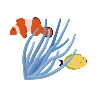 Flat clown and yellow fishes swimming around seaweed on white background vector illustration