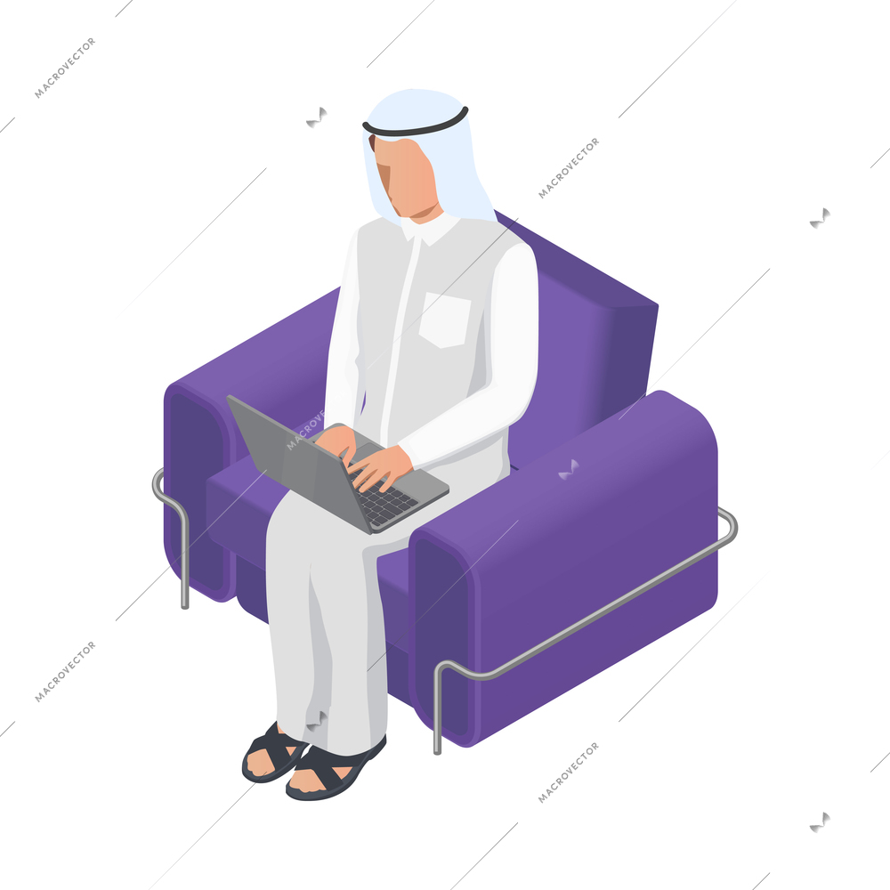 Arab man working on laptop in armchair isometric icon 3d vector illustration