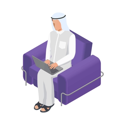 Arab man working on laptop in armchair isometric icon 3d vector illustration