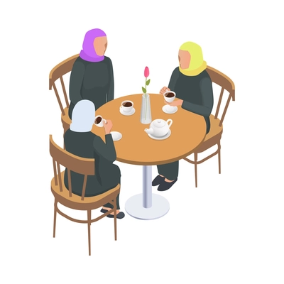 Arab women drinking coffee at round table isometric vector illustration