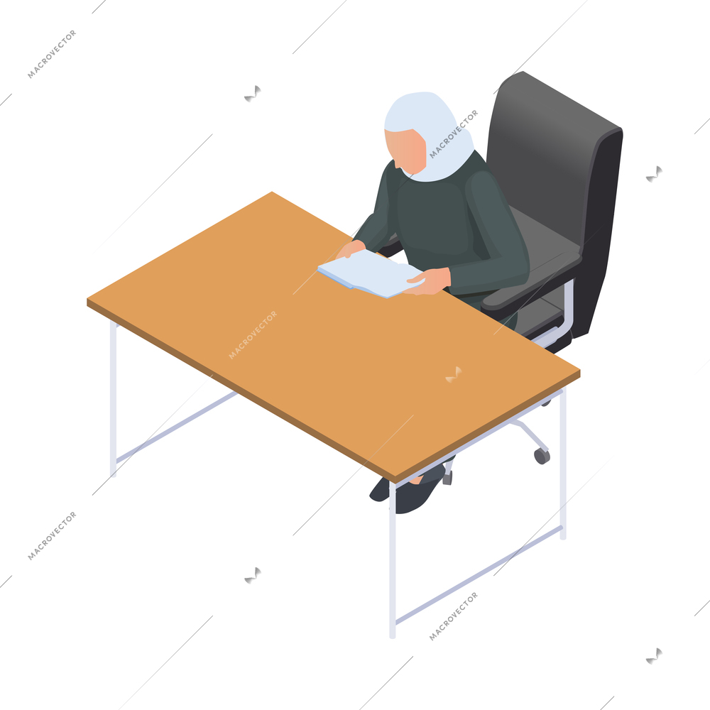 Arab woman reading while sitting at office table isometric icon 3d vector illustration