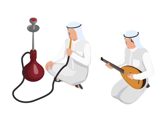 Two arab people in traditional clothes smoking hookah and playing arabic oud 3d isometric vector illustration