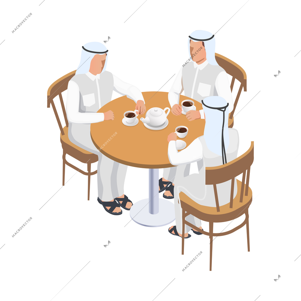 Arab men in traditional clothes drinking coffee 3d isometric vector illustration