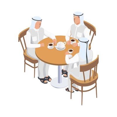 Arab men in traditional clothes drinking coffee 3d isometric vector illustration