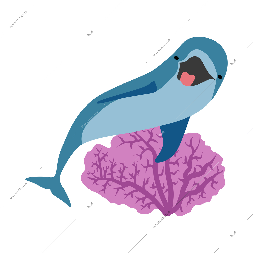 Cute playful dolphin and underwater plant flat vector illustration
