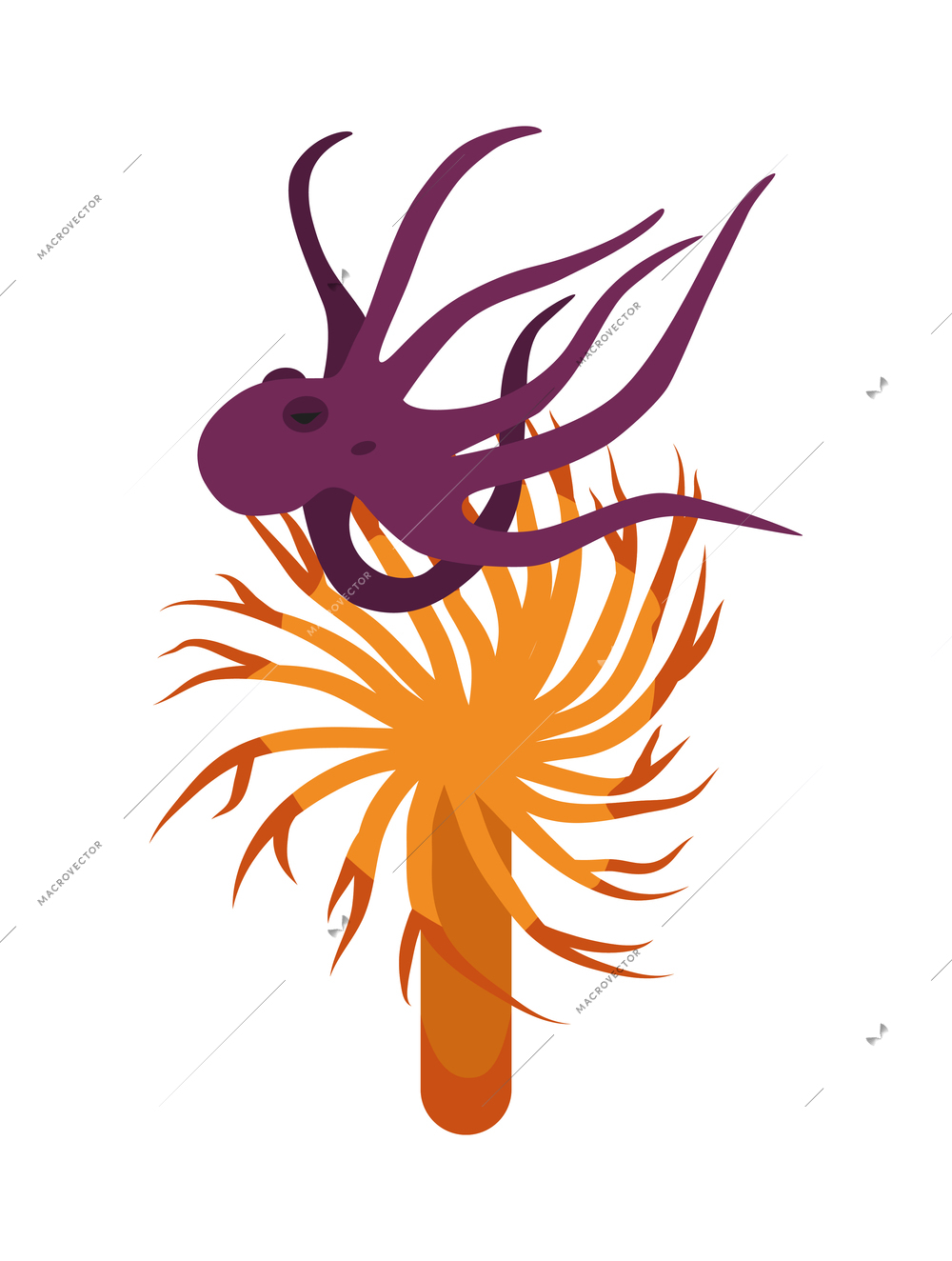 Flat style icon with small octopus and orange sea plant on white background vector illustration