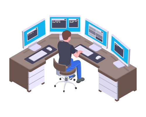 Data center icon with system administrator sitting in front of several computer monitors isometric vector illustration