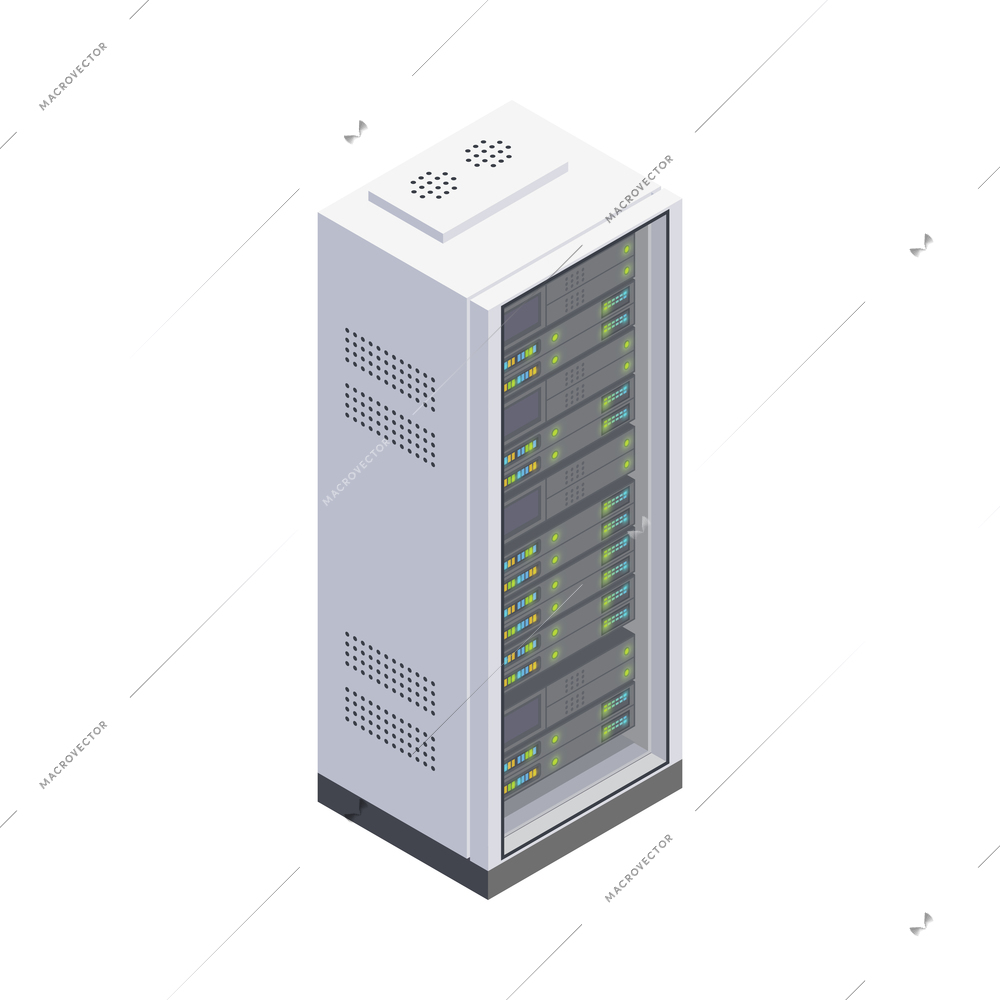 Data center equipment with server rack on white background isometric vector illustration