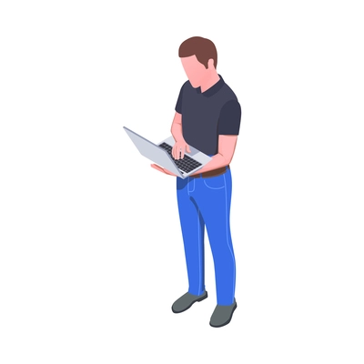 System administrator working on laptop isometric icon 3d vector illustration