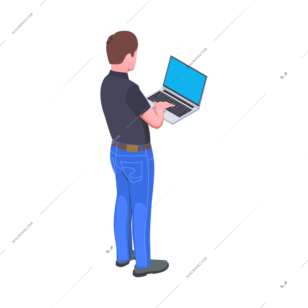 Isometric male character of programmer standing with laptop back view 3d vector illustration