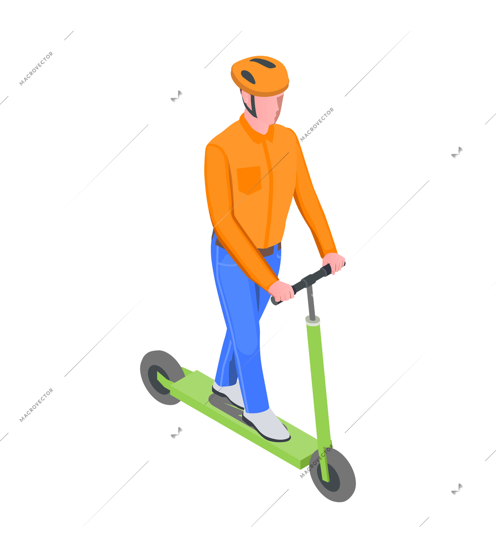 Isometric personal transport icon with man in helmet riding electric scooter 3d vector illustration