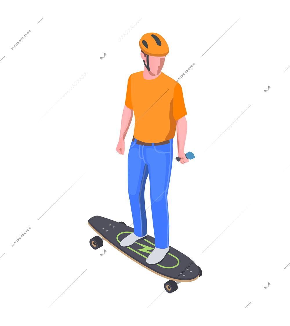 Isometric personal transport icon with man wearing helmet riding skateboard 3d vector illustration