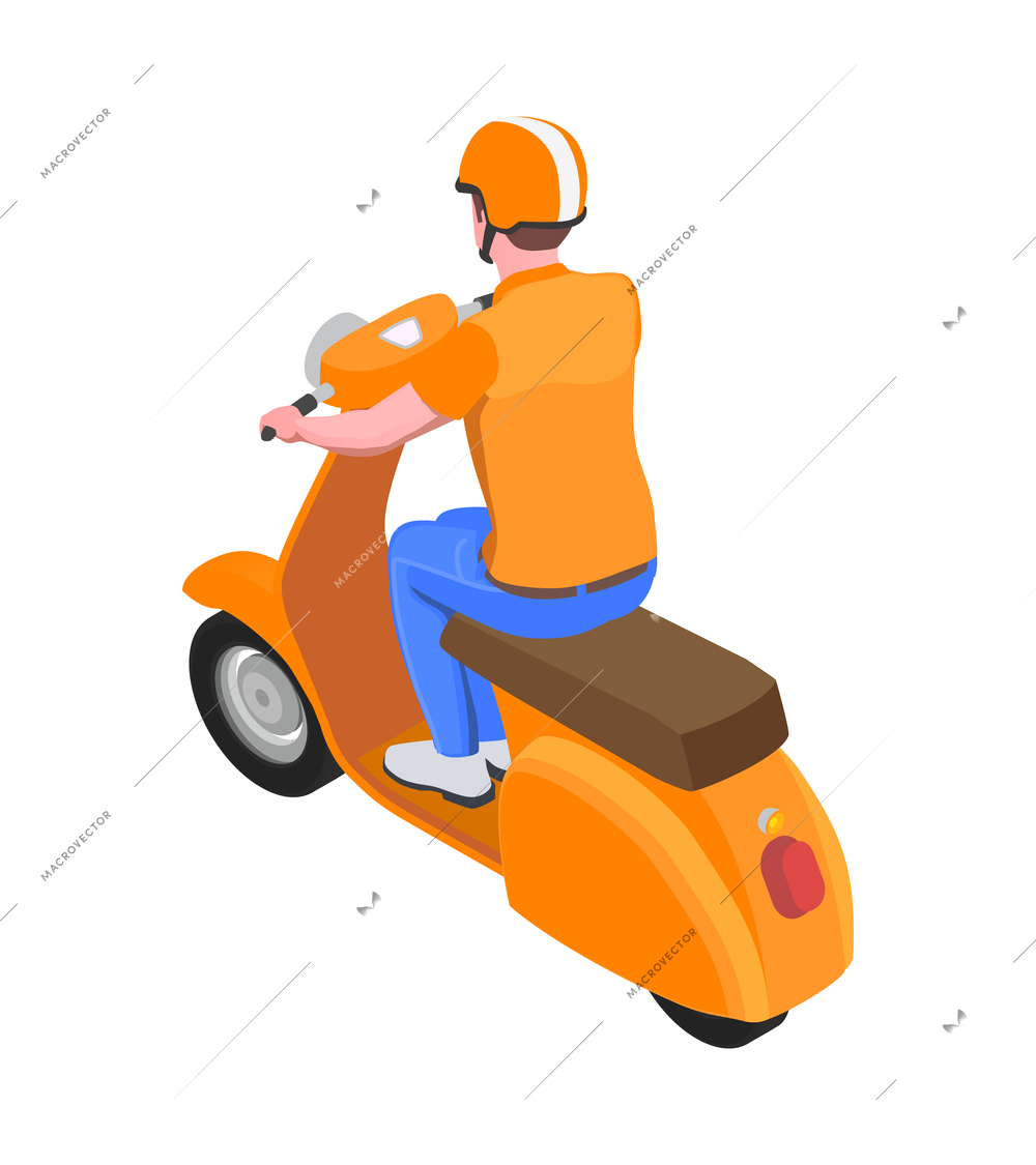 Personal transport isometric icon with male character riding motor scooter back view 3d vector illustration