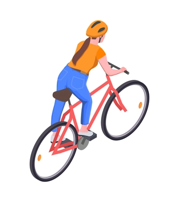 Woman riding bike back view isometric icon on white background 3d vector illustration