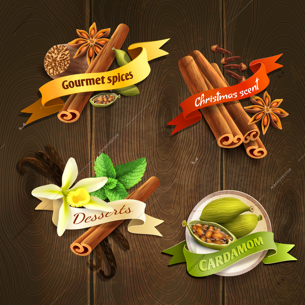Dessert gourmet spices cardamom christmas scent ribbon badges set isolated on wooden background vector illustration