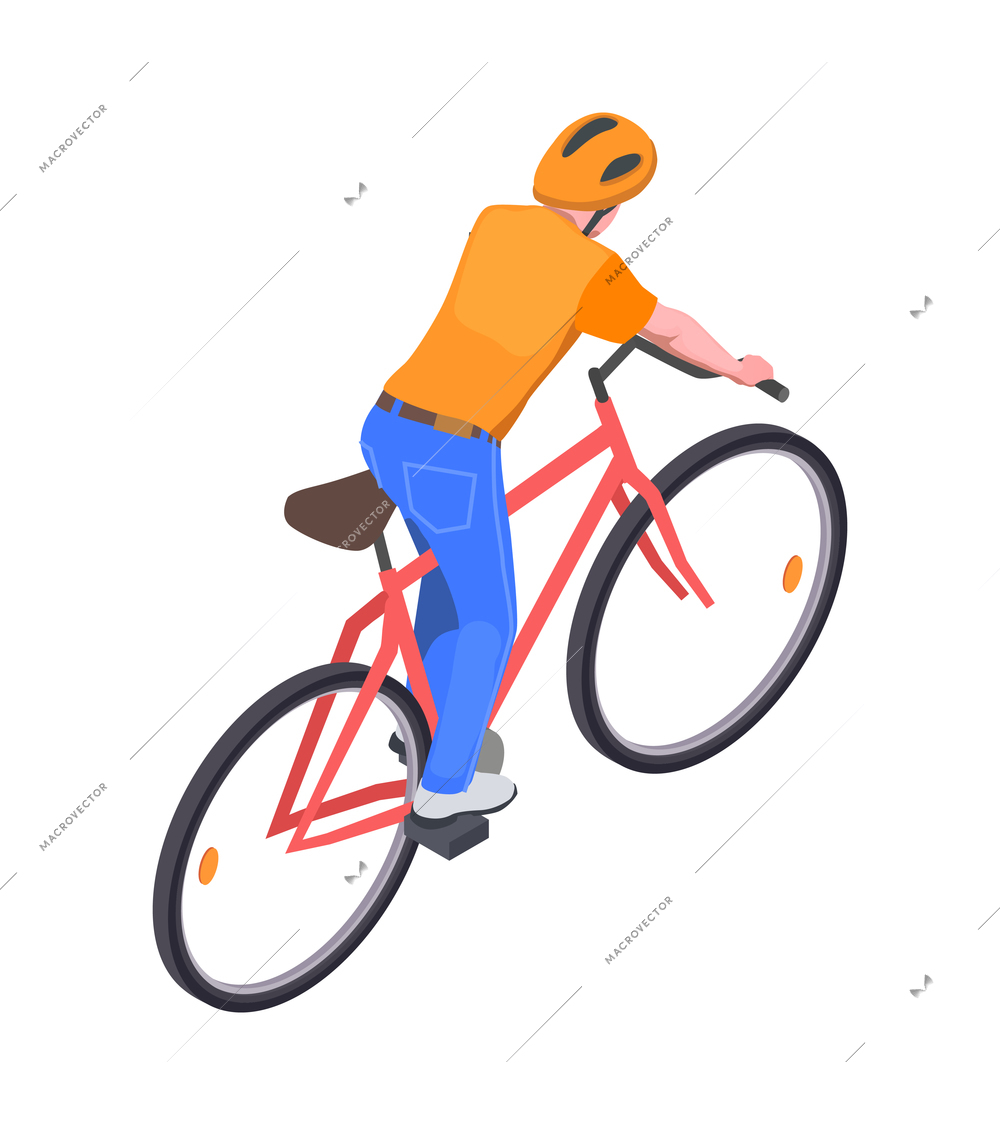 Isometric icon with back view of cyclist wearing helmet 3d vector illustration