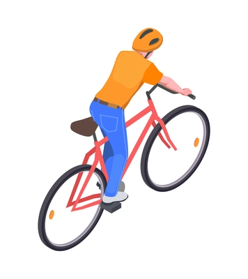 Isometric icon with back view of cyclist wearing helmet 3d vector illustration