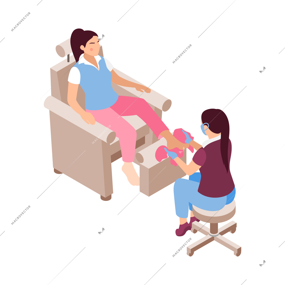 Nail artist wearing medical mask doing pedicure to young woman isometric icon 3d vector illustration