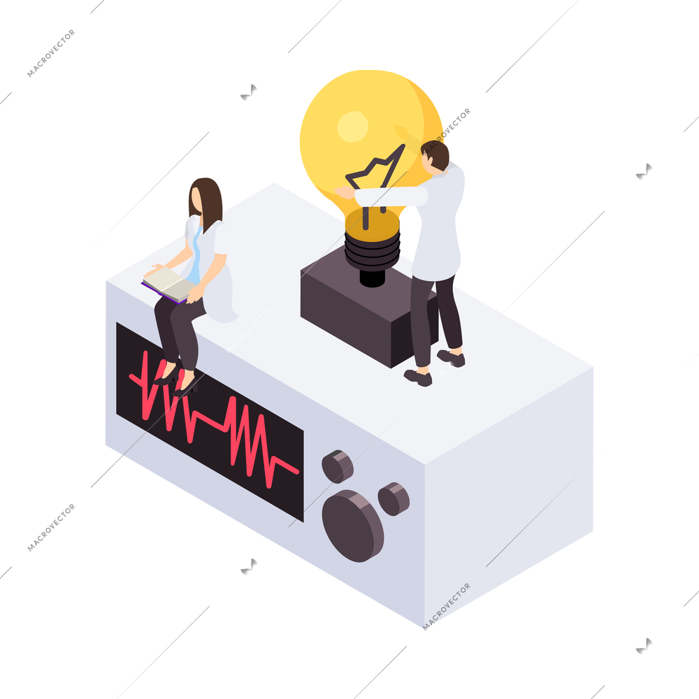 Science isometric icon with two tiny scientists and equipment 3d vector illustration