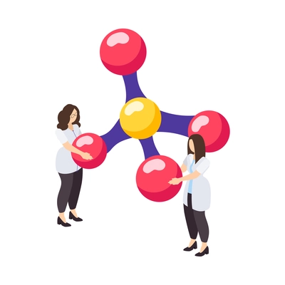 Science isometric icon with two female characters of scientists holding molecular model 3d vector illustration