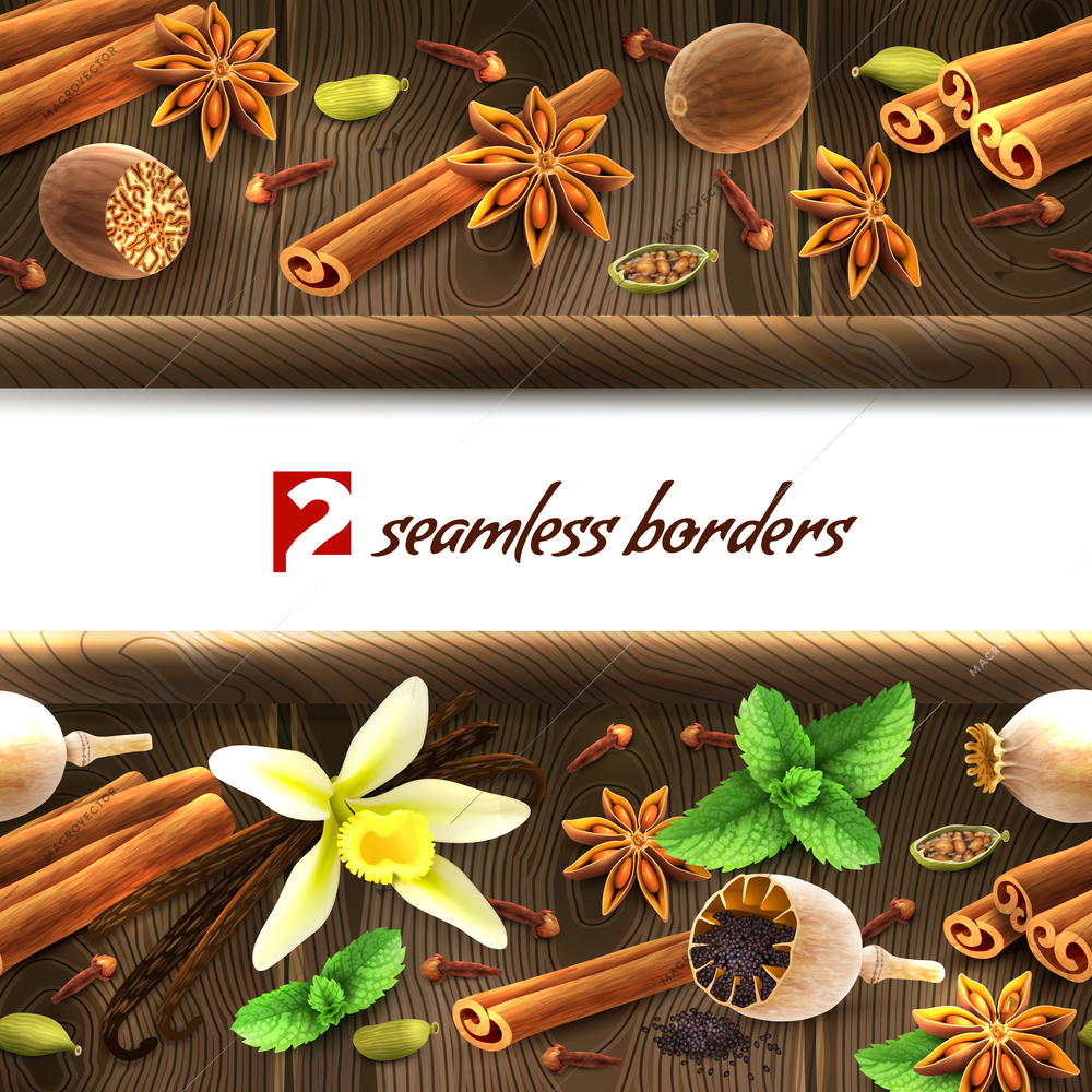 Confectionery spices on dark wooden seamless borders vector illustration