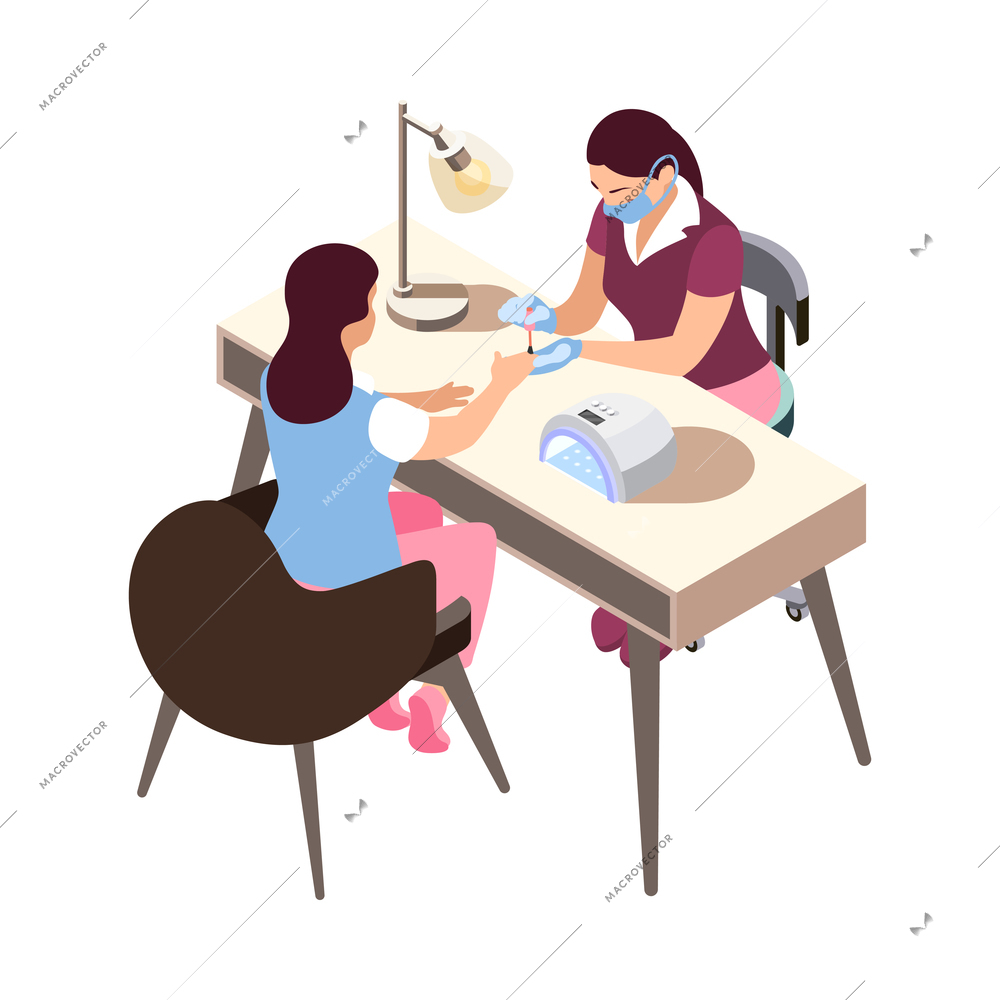 Manicure isometric icon with manicurist wearing medical mask doing nails of her client 3d vector illustration