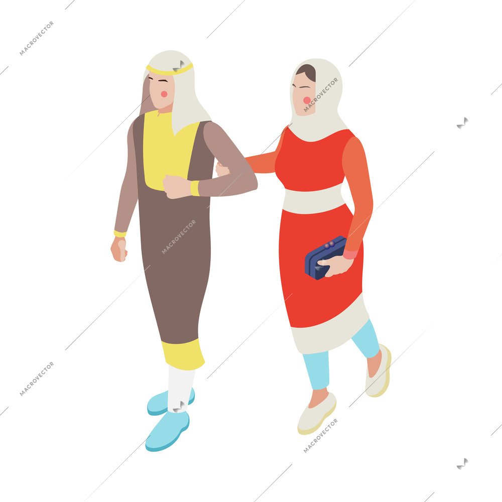 Isometric icon with walking couple of modern saudi arabian man and woman 3d vector illustration