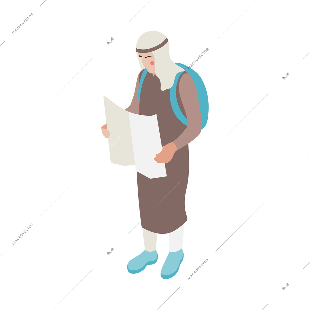 Male character of travelling arab man with backpack holding paper map isometric vector illustration