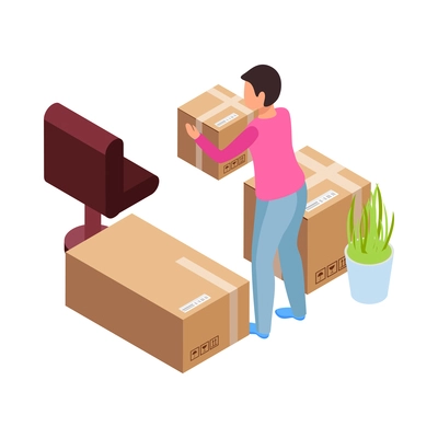 Human character with cardboard boxes preparing for relocation isometric icon 3d vector illustration